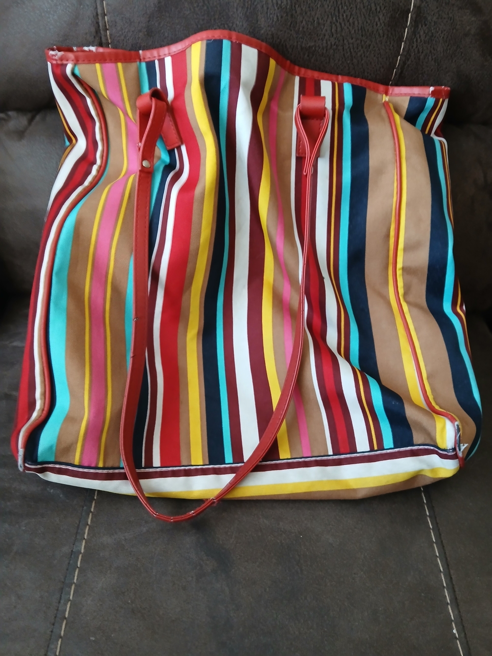 Striped Vintage Lancome Canvas Tote with Red Trim